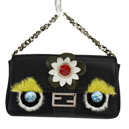 円 国内即発送 美品 フェンディ Fendi モンスター マイクロ バケット チェーン ハンドバッグ ポーチ 2way ブラック レザー 80ml572
