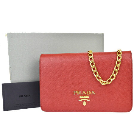 中美品 プラダ PRADA チェーン ショルダーバッグ クラッチ 2WAY 財布 サフィアーノ レッド レザー 38ML888