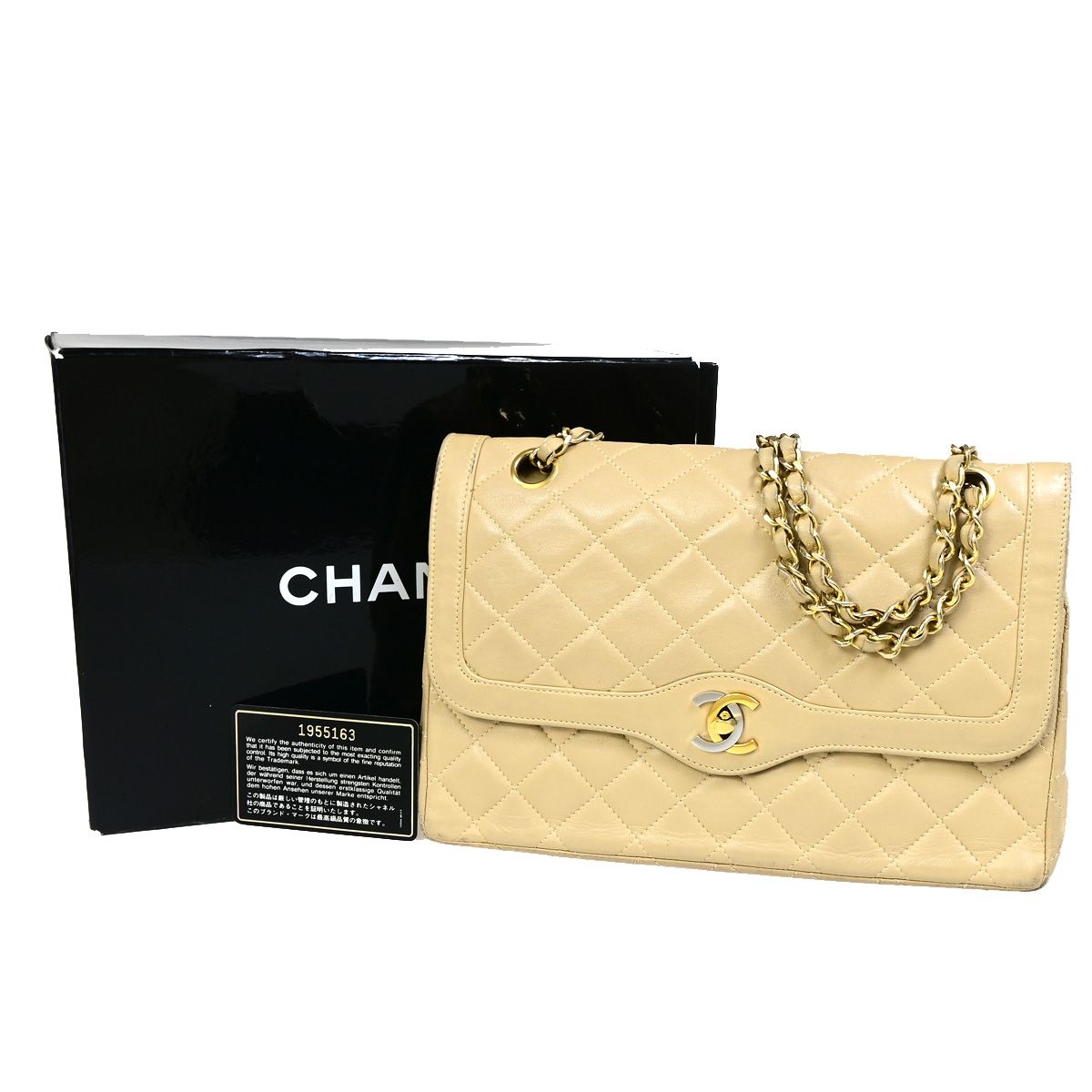 【中古】シャネル CHANEL パリ CC ロゴ マトラッセ ダブルフラップ チェーン ショルダーバッグ レザー ベージュ ゴールド金具 フランス ヴィンテージ645RK389
