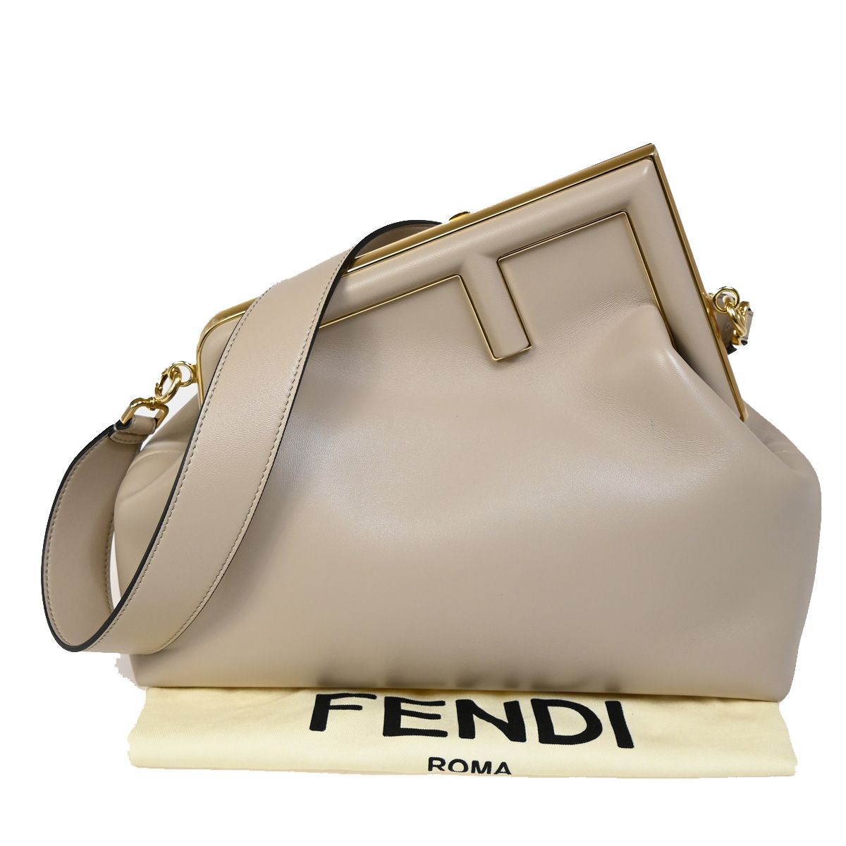 【中古】フェンディ ファースト ミディアム 2way ショルダー クラッチバッグ レザー ベージュ ゴールド イタリア製370RJ786