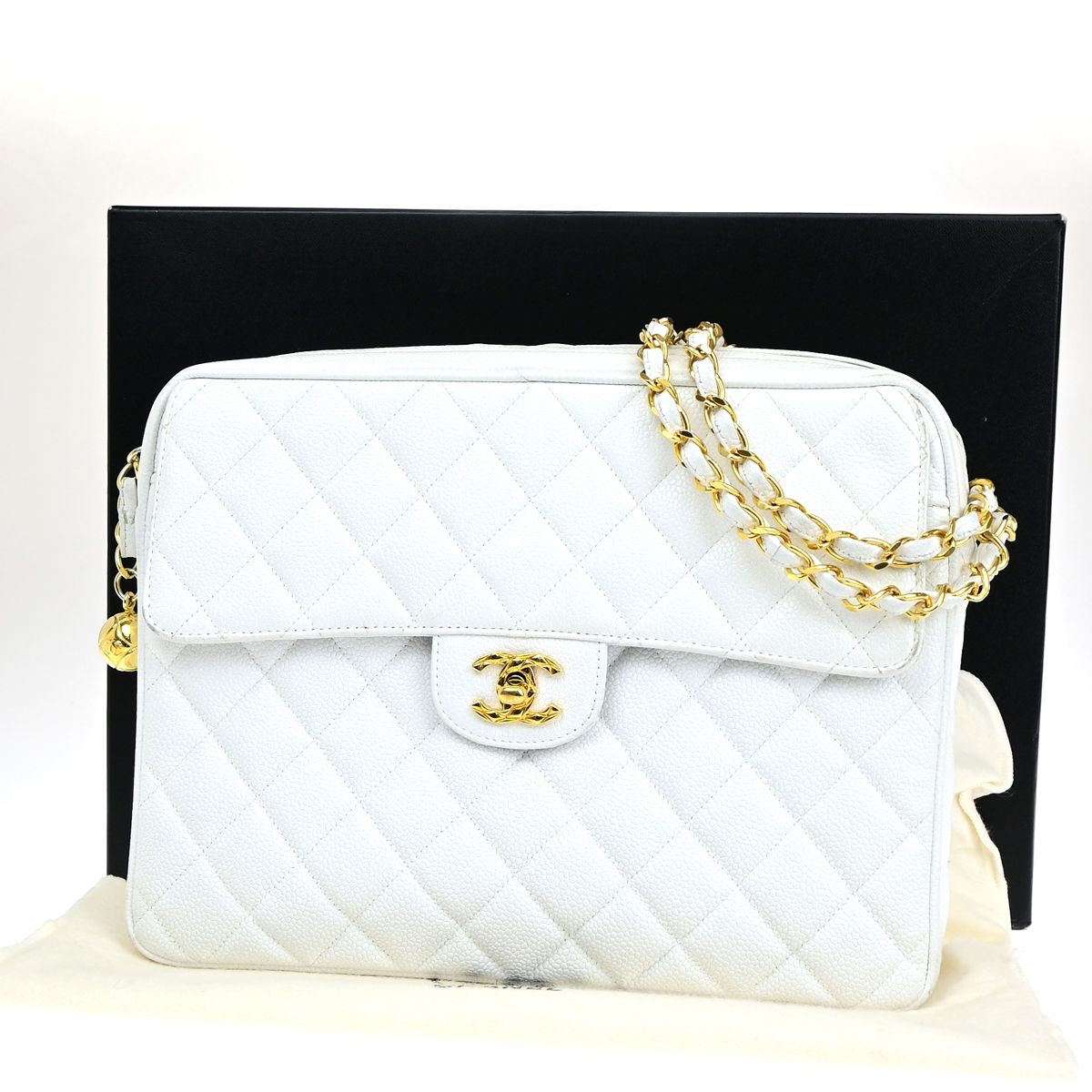 【中古】シャネル CHANEL CC ロゴタイプ チェーン店 ショルダーバッグ キャビアひと肌 なめし革 白いこと ゴールド金具 フランス共和国 ヴィンテージ876RJ963 バッグ-ショルダーバッグ・メッセンジャーバッグ