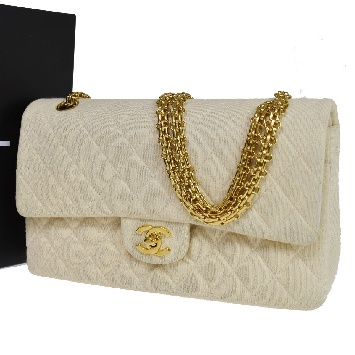 【中古】シャネル CHANEL CCロゴ マトラッセ 25 ダブルフラップ チェーンショルダーバッグ キャンバスレザー アイボリー ゴールド金具 フランス ヴィンテージ332RJ544