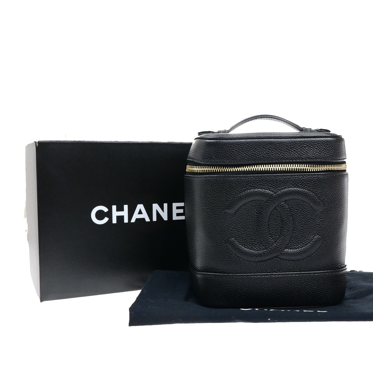【中古】シャネル CHANEL CCロゴ バニティ コスメティック ハンドバッグ キャビアスキン レザー ブラック ゴールド金具 フランス666RK912