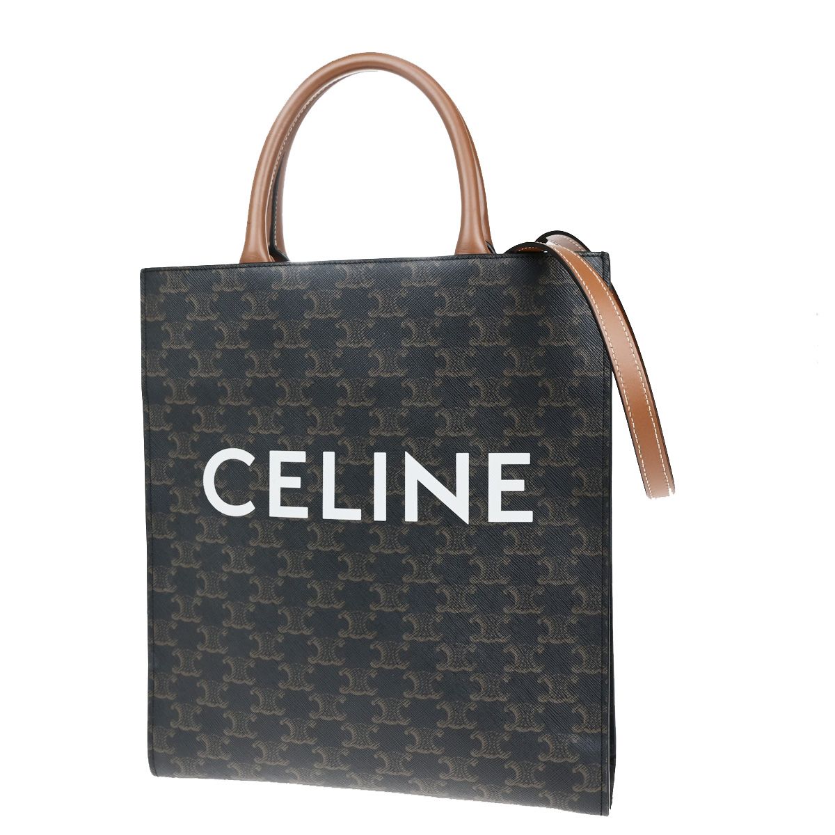 【中古】 セリーヌ CELINE ロゴタイプ バーティカル 河馬 2WAY 肩先 御手々 トートバッグ トリオンフ 帆布 なめし革 赤銅色 イタリア製662RK408