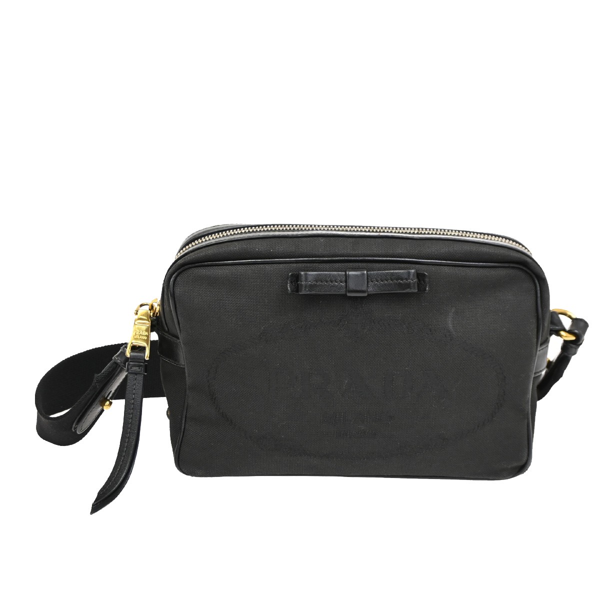 PRADA プラダ ロゴ ジャガード リボン ショルダーバッグ ブラック レザー 76KC012｜ブーム