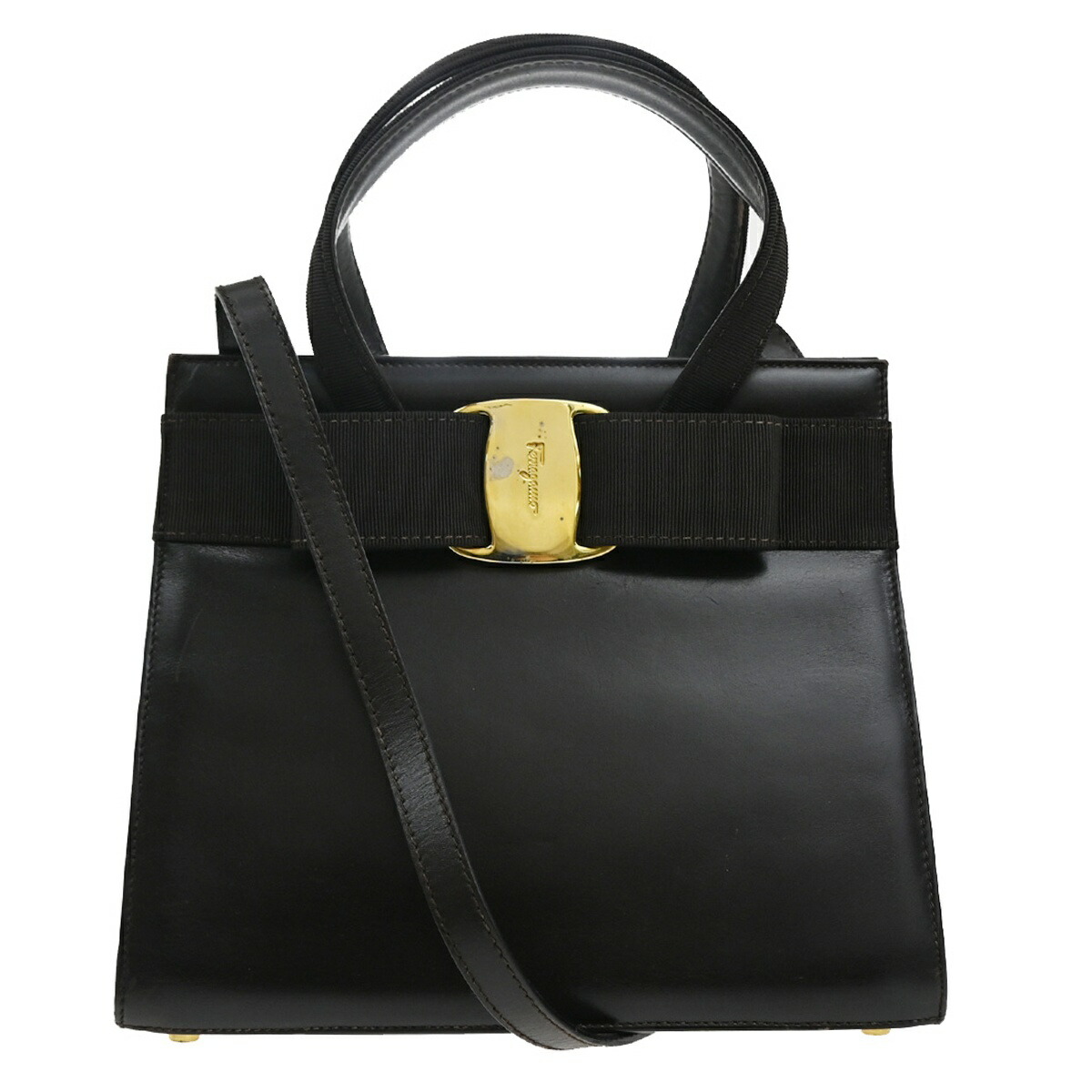 SALVATORE FERRAGAMO フェラガモ ヴァラ リボン ショルダー ハンドバッグ 2way ブラウン キャンバス レザー 65KC003