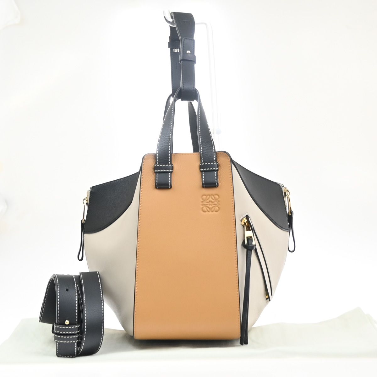 【中古】ロエベ ハンモック スモール トリコロール 2WAY ショルダーバッグ ハンドバック なめし革 ベージュ 赤銅色 黒いこと ゴールド金具 エスパニア製618RL944