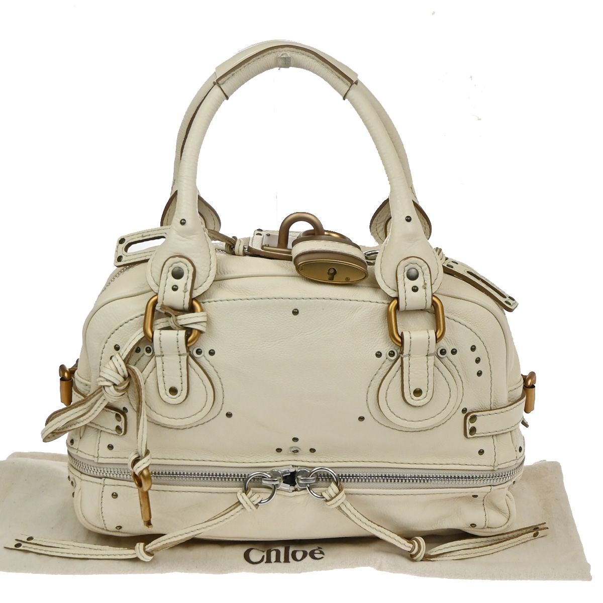 【中古】クロエ CHLOE ロゴタイプ パディントン ショルダーバッグ なめし革 パドロック 象牙色 ゴールド金具 イタリア製 25RQ005