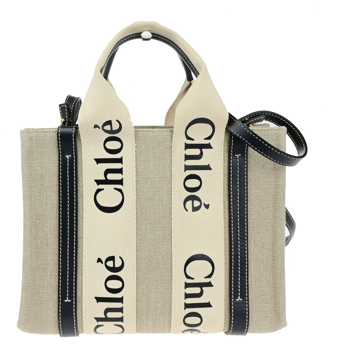 【中古】クロエ CHLOE ウッディ トート ショルダーバッグ 2WAY 帆布なめし革 白いこと 米国海軍 ゴールド金具 イタリア製90RK538