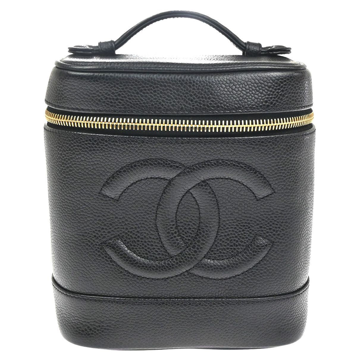 【中古】シャネル CHANEL CCロゴタイプ バニティケース コスメティックハンドバッグ グレインカーフスキンレザー 黒いこと ゴールド金具 フランス共和国製53CA769
