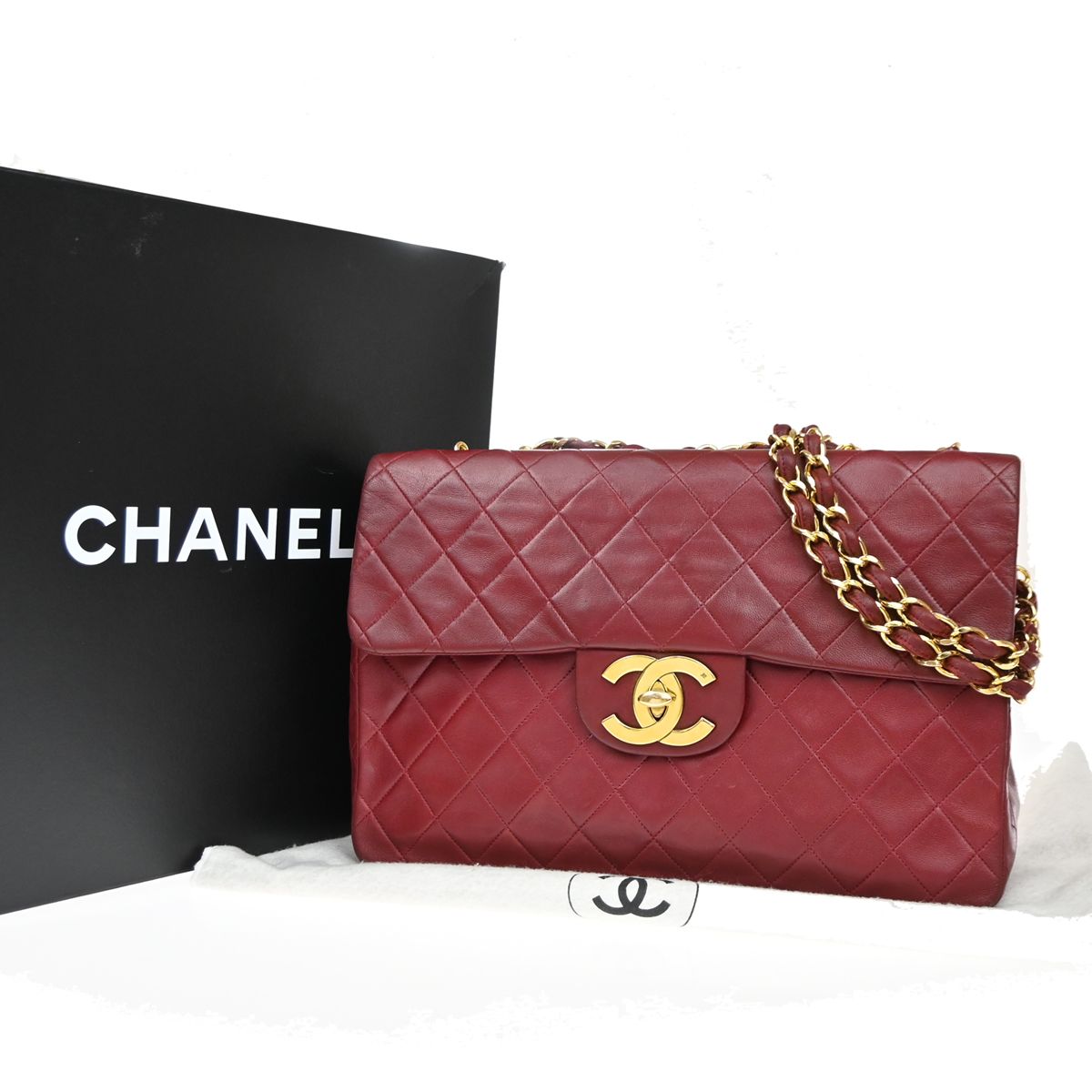 【中古】シャネル CHANEL マキシ ジャンボ マトラッセ 34 チェーンショルダーバッグ レザー レッド フランス ヴィンテージ357RF925