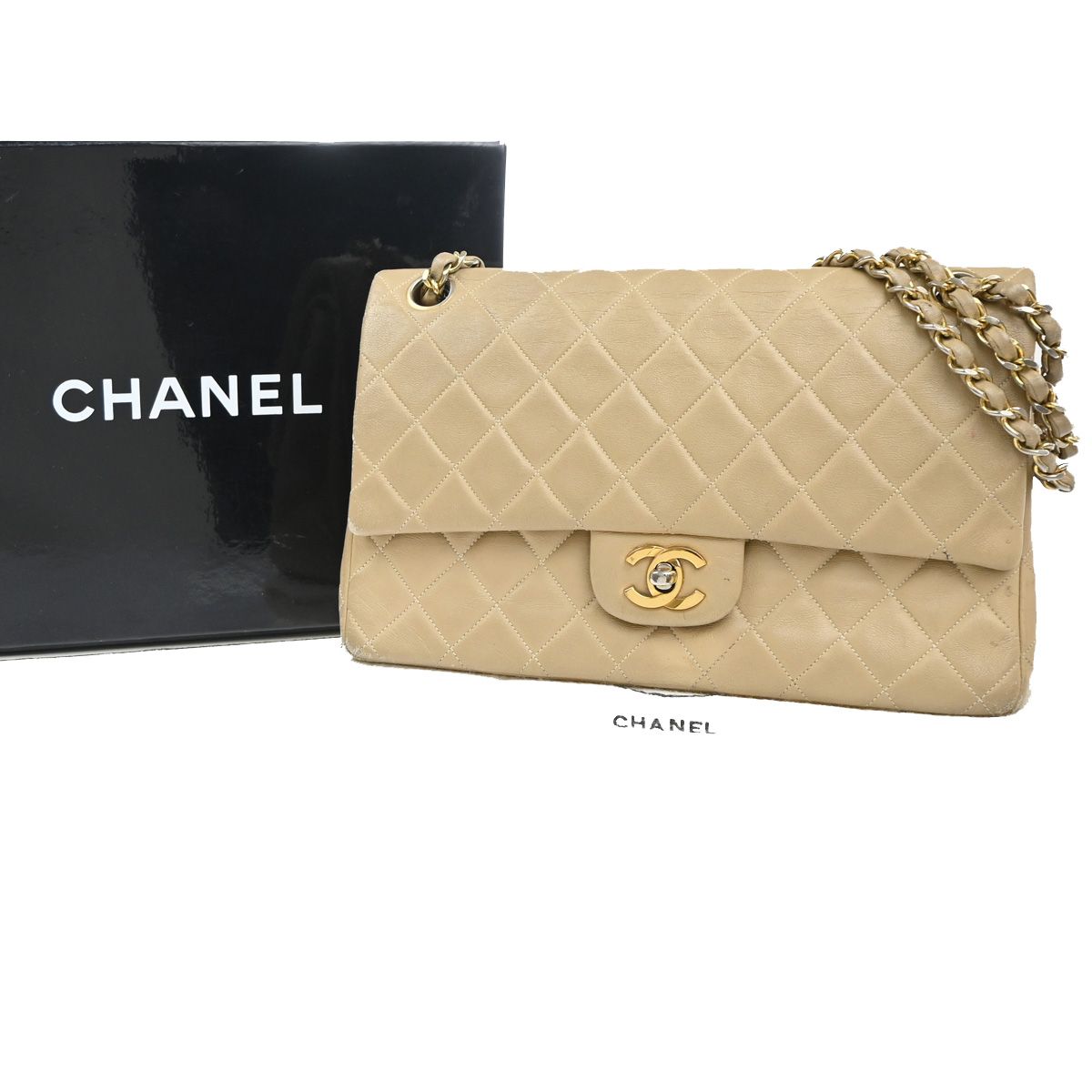 【中古】シャネル CHANELCC マトラッセ 25 ダブルフラップ チェーンショルダーバッグ レザー ベージュ ゴールド金具 フランス製397RL943
