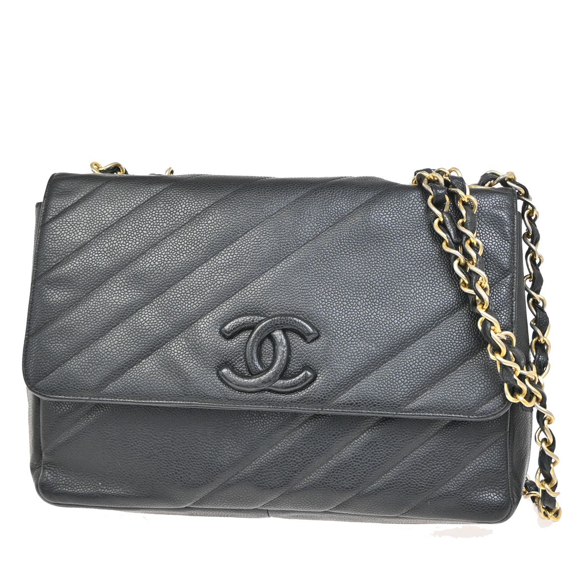 【中古】シャネル CHANEL CCロゴ バイアスステッチ チェーンショルダーバッグ グレインカーフスキンレザー ブラック ゴールド金具 フランス製357RL149