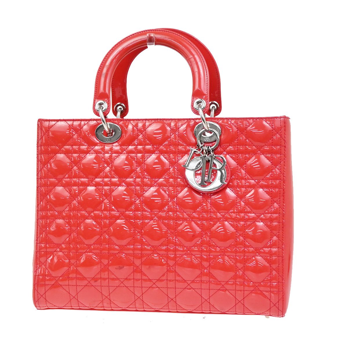 【中古】クリスチャン ディオールCHRISTIAN DIOR ロゴ レディ カナージュ ハンドバッグ パテントレザー レッド シルバー金具 イタリア製46RL838｜ブーム
