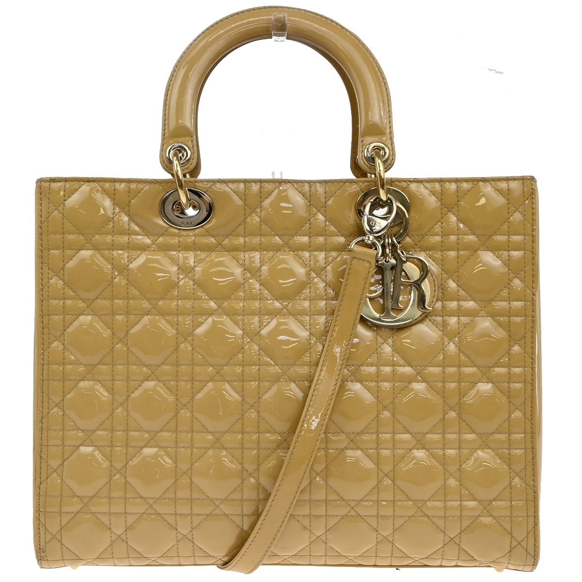 【中古】クリスチャン ディオールCHRISTIAN DIOR レディ カナージュ 2WAY ショルダーバッグ パテントレザー イエロー シルバー金具41RF874|ブーム
