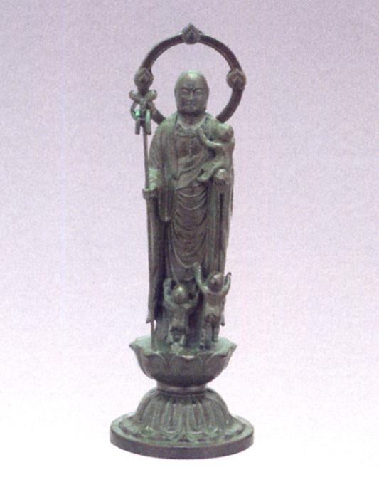 地蔵菩薩像 26cm 青銅色 箱付き 水子地蔵菩薩(子安地蔵菩薩) 合金製青銅色 15.5cm【牧田秀雲作