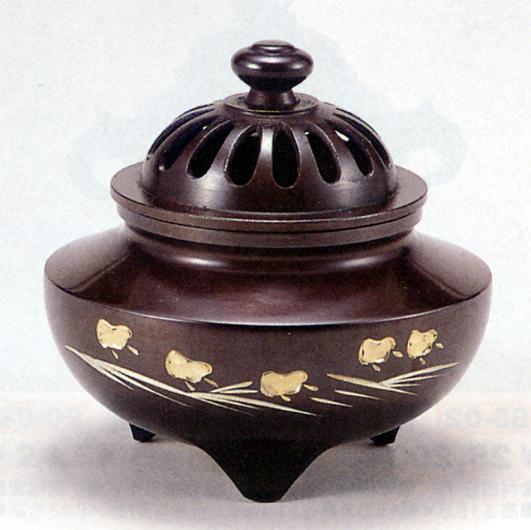 香炉・香立て■　香炉　玉利久(波千鳥彫金)　■青銅(ブロンズ)製　桐箱入り【高岡銅器】｜仏具徳