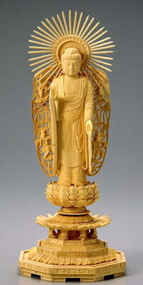 仏像 木製御本尊仏像■浄土真宗本願寺派（西）■ 西立弥陀 ６．０寸 飛天光輪 ■ つげ（ツゲ 柘 柘植 黄楊） 八角茴香台  ■阿弥陀如来 手彫り