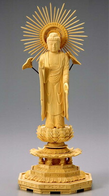 仏像 木製御本尊仏像■浄土真宗真宗大谷派（東）■ 東立弥陀 ６．０寸 八角茴香台 ■ つげ（ツゲ 柘 柘植 黄楊）■阿弥陀如来 手彫り