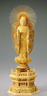 仏像　木製御本尊仏像■浄土真宗本願寺派（西）■　西立弥陀　６．０寸 唐草光背　■　つげ（ツゲ　柘　柘植　黄楊）　六角台　 ■阿弥陀如来　手彫り