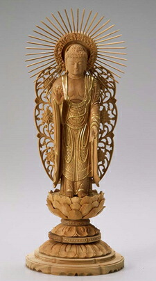 仏像　木製御本尊仏像■浄土真宗本願寺派（西）■　西立弥陀　６．０寸　丸台座（蓮華台）　唐草光背　■　白檀（びゃくだん）■阿弥陀如来　手彫り