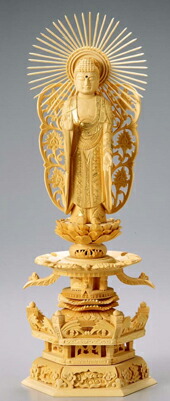 仏像 木製御本尊仏像■浄土真宗本願寺派（西）■西立弥陀 ６．０寸 唐草光背 ■ 桧（ひのき・檜） ケマン座 ■阿弥陀如来 手彫り■zb-1560ba
