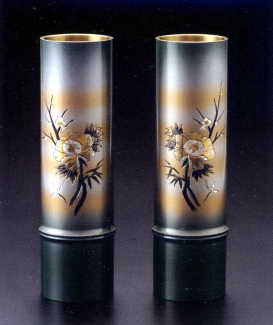 花器・花瓶■　対入　細竹型　牡丹四君子　７．５号　■銅製　紙箱入り【高岡銅器】対花瓶
