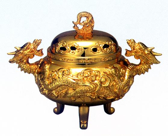 香炉・香立て■　瑞雲　龍神香炉　純金メッキ　■合金製　化粧箱入【高岡銅器】