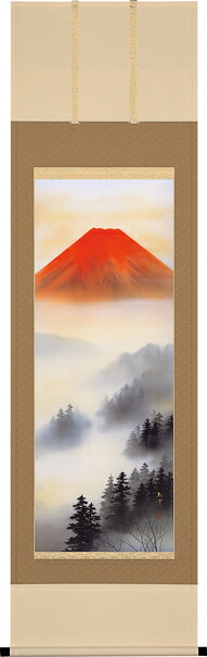床掛軸【掛け軸 富士】■ 赤富士 ■萩原緑翠作 特殊工芸作品*尺五立*掛軸*桐箱収納|仏具徳
