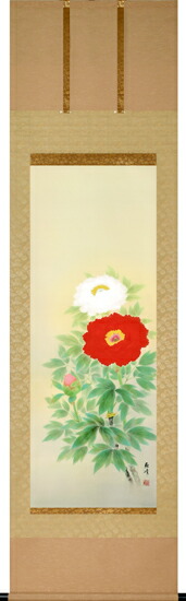 床の間掛軸【掛け軸　季節・夏】■　紅白牡丹　■富田蘇峰作　特殊工芸作品*尺五立*掛軸★桐箱収納