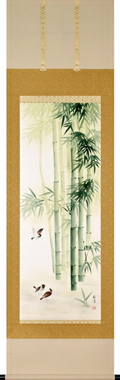 床の間掛軸【祝い掛け軸】■ 竹に雀 ■富岡蘇峰作 特殊工芸作品*尺五立*掛軸収納|仏具徳