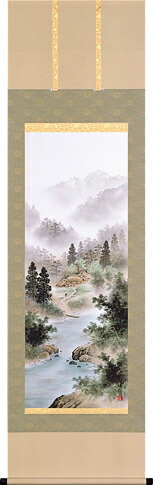 床の間掛軸【掛け軸　山水】■　彩色山水　■太田瑛弥作　特殊工芸作品*尺五立*掛軸*桐箱収納