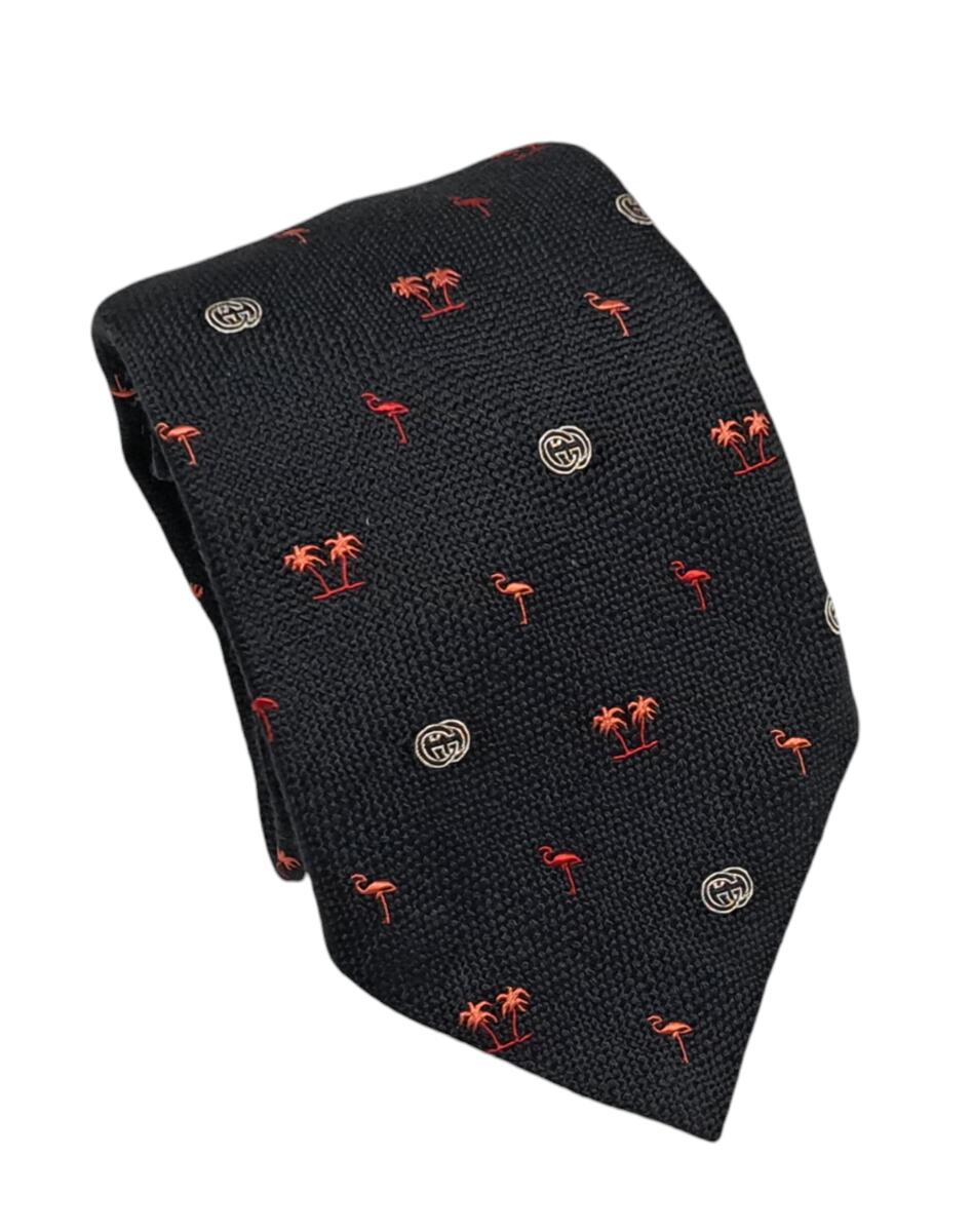 グッチ ネクタイ インターロッキング GG パームツリー フラミンゴ ヤシの木 ブラック 黒 シルク GUCCI 【中古】