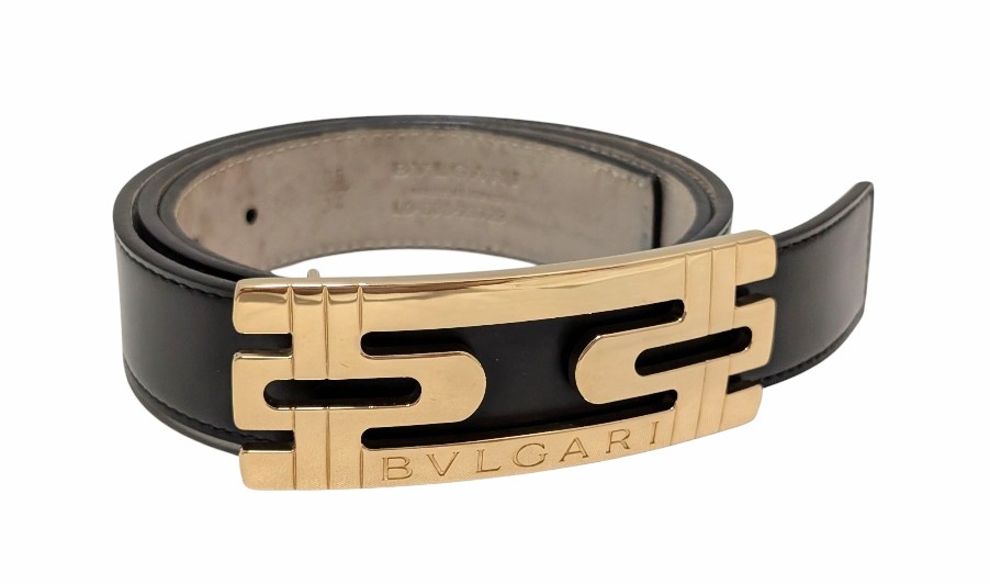 ブルガリ ベルト パレンテシ ロゴ ゴールド ブラック 85cm 黒 29729 メンズ レディース BVLGARI 紳士用 【中古】|ブランディール店