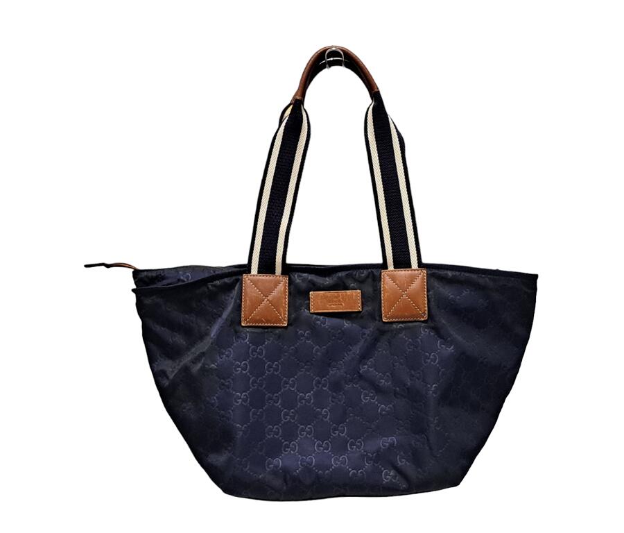 グッチ トートバッグ ファスナー付 GG柄 レディース バッグ ネイビー 紺 131230 ナイロン レザー GUCCI 【中古】｜ブランディール店