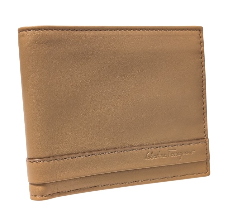未使用 フェラガモ 財布 札入れ 二つ折り ベージュ　ブラウン ロゴ 薄茶 Salvatore Ferragamo メンズ 札入 【中古】｜ブランディール店
