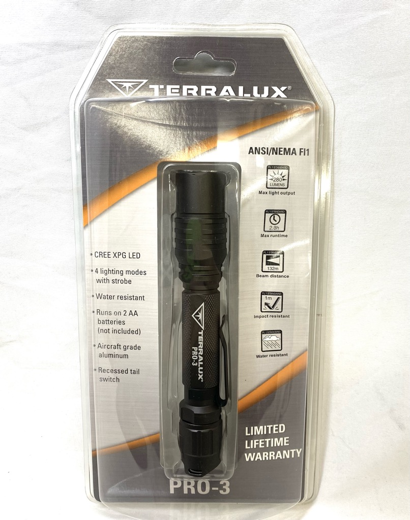 未使用 TERRALUX グレー PRO-3 懐中電灯 テララックス 点灯 明るさ調整 金属製 携帯ライト ANSI/NEMA FL1規格 TLF-PRO3 LEDライト【中古】｜ブランディール店