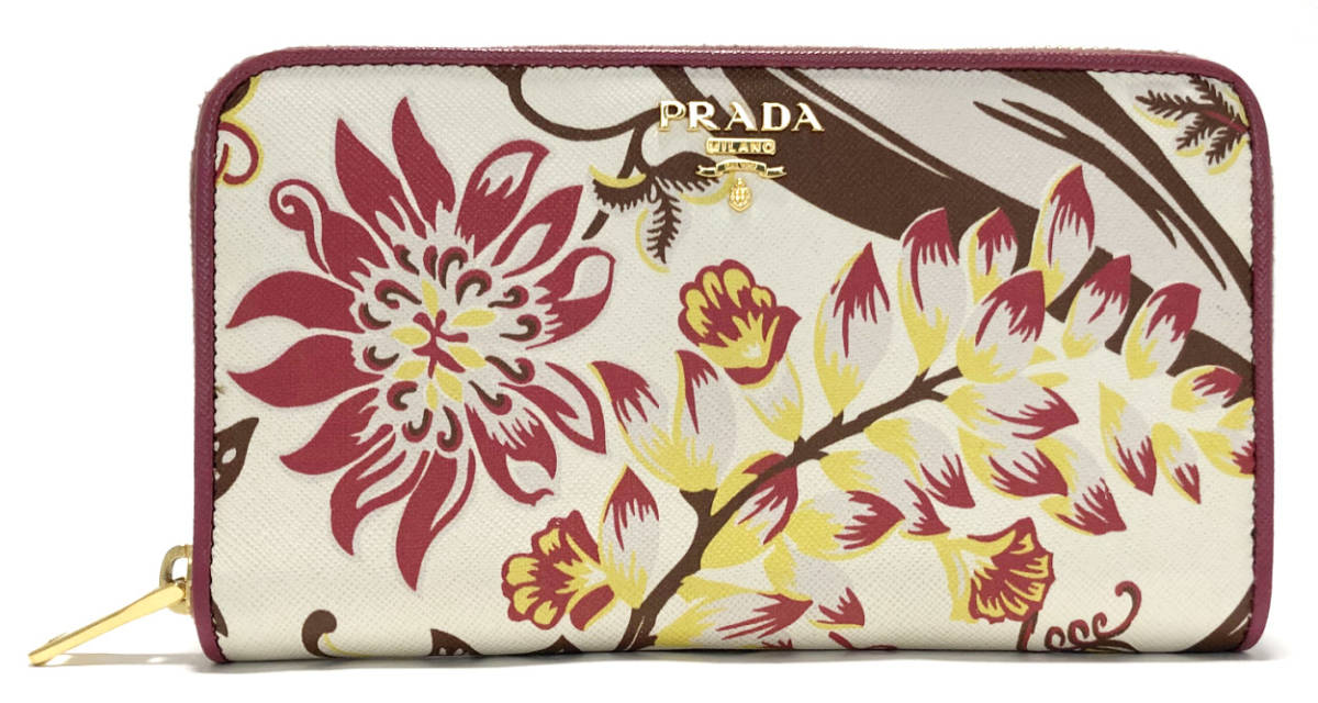 楽天市場 プラダ 長財布 1m０５０６ ラウンドファスナー ジップアラウンド 財布 花柄 植物柄 プリント サフィアーノ 型押し レザー レディース アイボリー ピンクprada 中古 ブランディール楽天市場店