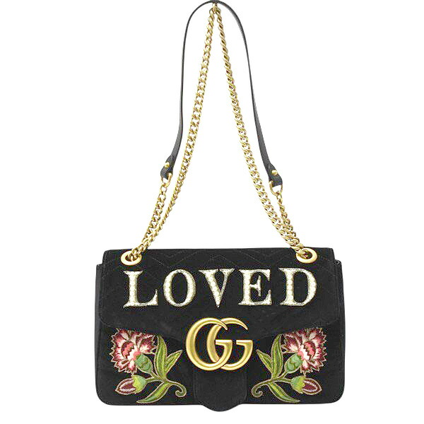 グッチ バッグ レディース GGマーモント チェーンショルダーバッグ ベロア ブラック フラワー GUCCI 443496 中古
