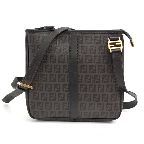 フェンディ バッグ メンズ レディース ズッキーノ ショルダーバッグ ポシェット PVC レザー ブラウン ブラック 8BT195 FENDI 中古