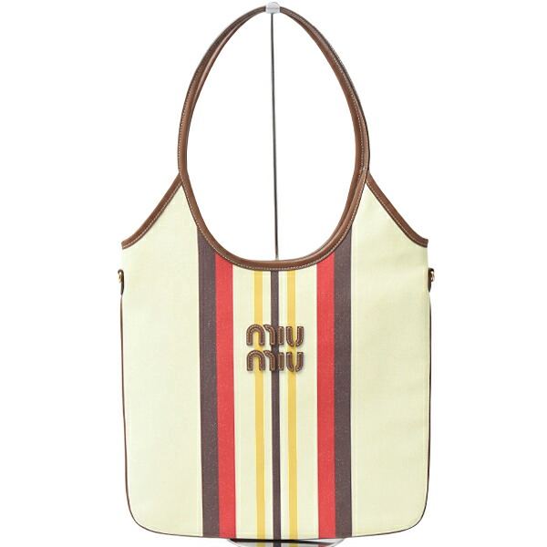 ミュウミュウ バッグ レディース キャンバスレザーバッグ ストライプ トートバッグ アイビー キャンバス×レザー マルチカラー MIU MIU 5BG231 中古