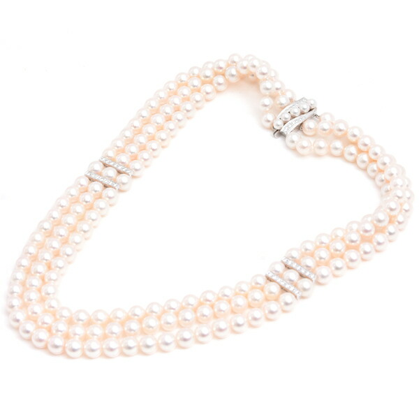 ミキモト ネックレス レディース 3連 パール ダイヤ ネックレス 7.5mm～7.9mm珠 1ctオーバー ホワイトゴールド MIKIMOTO K14WG 中古 463,120円