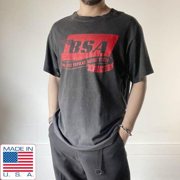 90s USA製 BSA モーターサイクル 半袖 Tシャツ 抜け黒系 L ブラック バイカー 袖裾シングルステッチ アメリカ製 ビンテージ d144【中古】【BTSL】|古着屋 BRIDGE