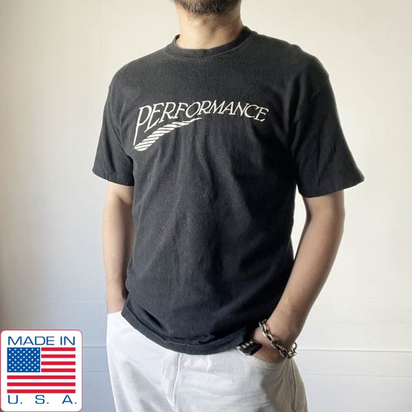 80s USA製 BELTON PERFORMANCEプリント 半袖 Tシャツ 黒 M程度 袖裾シングルステッチ 丸胴 ブラック アメリカ製 ビンテージ D152【中古】【古着】【メンズ】【通販】【BTSM】｜古着屋 BRIDGE