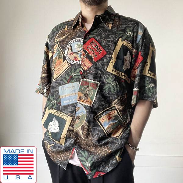 80s-90s USA製 レインスプーナー ダイヤモンドヘッドタグ レーヨン アロハ シャツ 黒ベース L 半袖 ブラック ビンテージ D152【中古】【古着】【メンズ】【通販】【BSTL】
