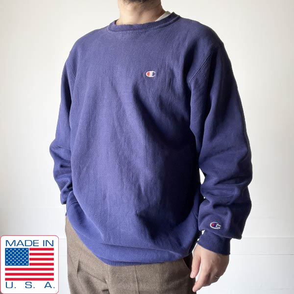 90s USA製 Champion 無地 リバースウィーブ XXL フェイド 紺系 刺しゅう引き船 流汗 はやりっ子 ビンテージ 亜米利加製 D151【中古】【古着】【メンズ】【通信販売】【BTPX】