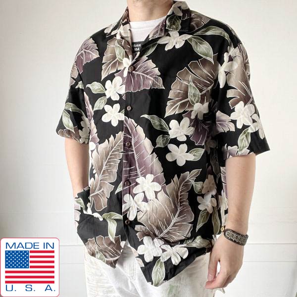 USA製 ALOH REPUBLIC ボタニカル コットン アロハシャツ 黒 L ブラック アメリカ製 ハワイ ハワイアンシャツ D152【中古】【古着】【メンズ】【通販】【BSTL】