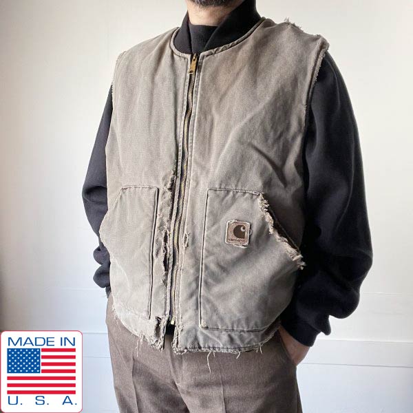 2000年製 USA製 carhartt カーハート ダック ベスト XL程度 腰ゴム ダメージ フェードカラー 00s アメリカ製 ビンテージ D152【中古】【古着】【メンズ】【通販】【BTOX】
