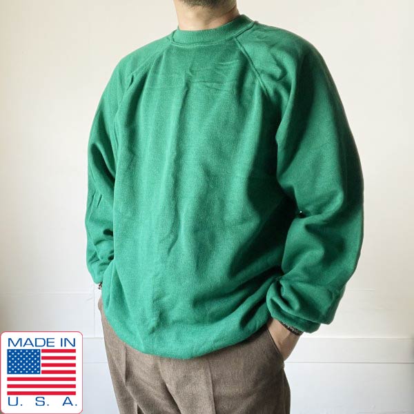新品 90s USA製 ヘインズ 無地 スウェット XL 緑系 ラグランスリーブ ブランク トレーナー ビンテージ デッドストック D152【BTPX】