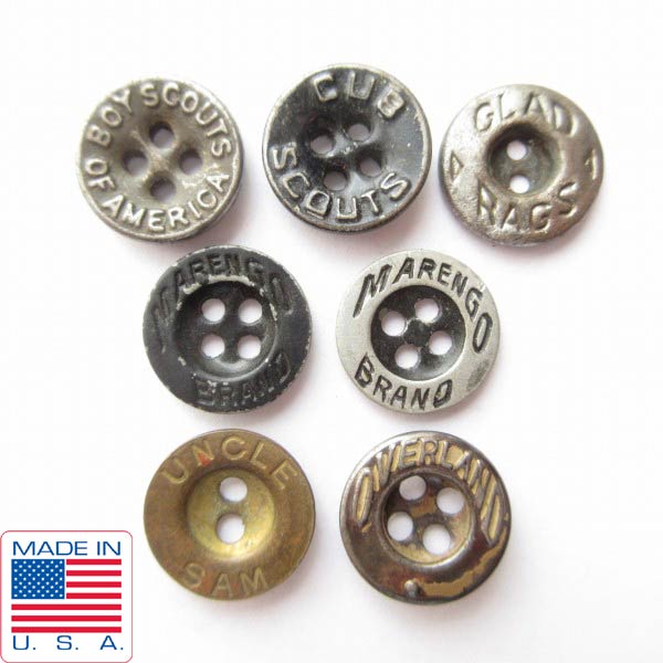 USA製 ビンテージ メタル ボタン 7点セット 40s BSA,40s CUB SCOUT,GLAD RAGS,MARENGO BRAND,UNCLE SAM,OVERLAND リメイク D128【中古】